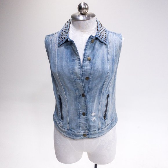 Guess M Sleeveless Jean Jacket Vest Layer Studded Collar Pattern Back Crop Top - Picture 4 of 16